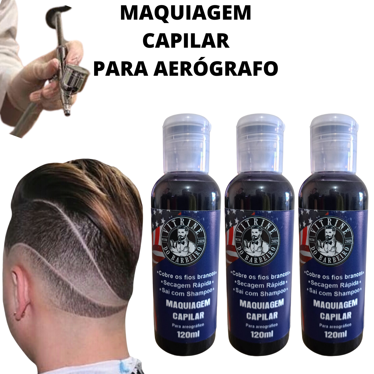 Kit 03 Tinta Preta Maquiagem Capilar Pigmentação Aerógrafo