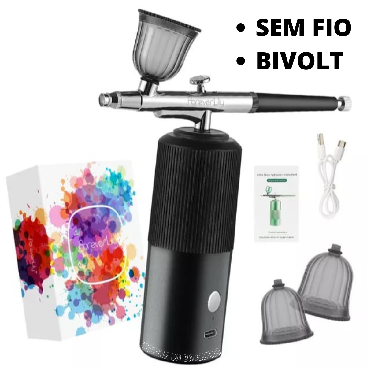 Kit Barbearia Aerógrafo Com Mini Compressor Sem Fio Bivolt