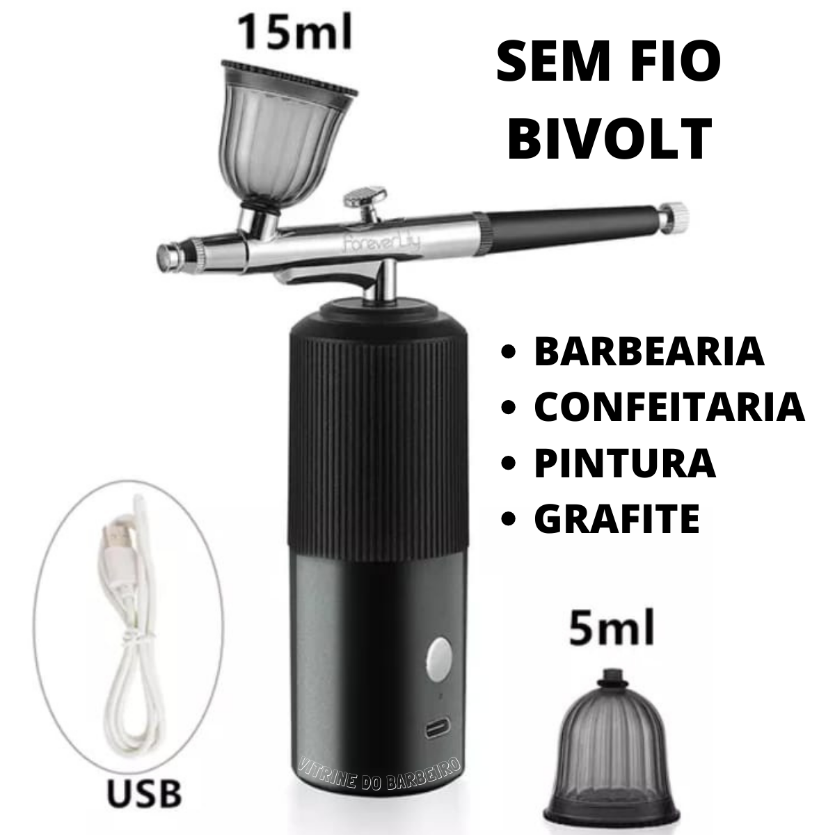 Kit Barbearia Aerógrafo Com Mini Compressor Sem Fio Bivolt