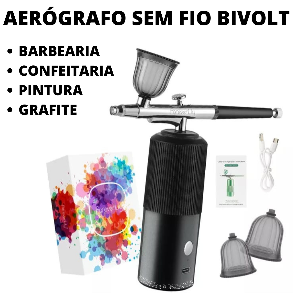 Kit Barbearia Aerógrafo Com Mini Compressor Sem Fio Bivolt