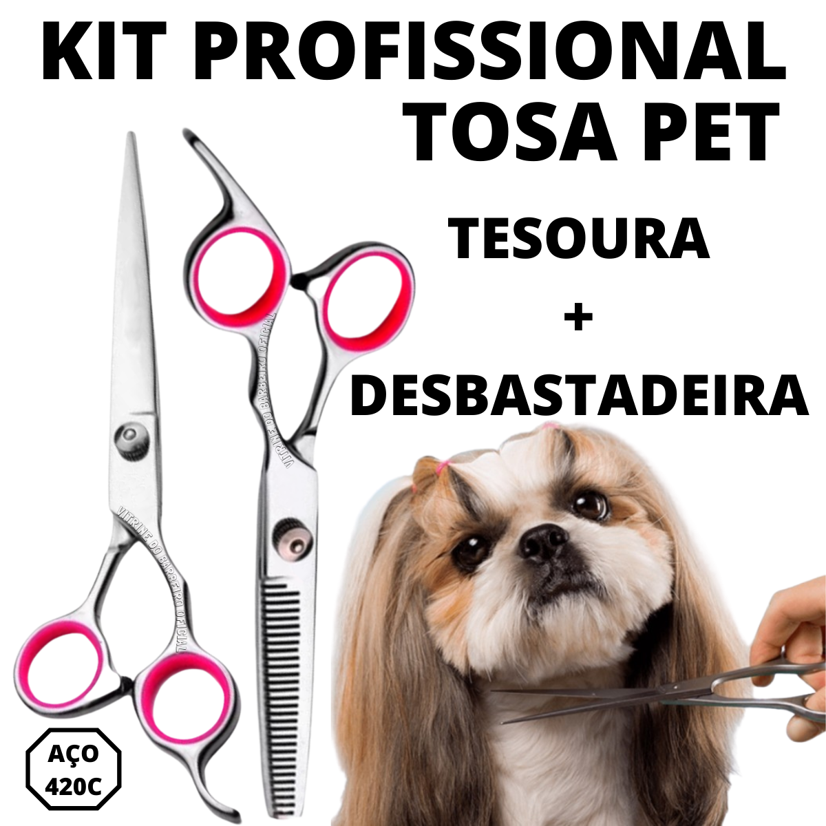 Kit Petshop Tesoura + Desbastadeira Para Tosa Cão E Gato